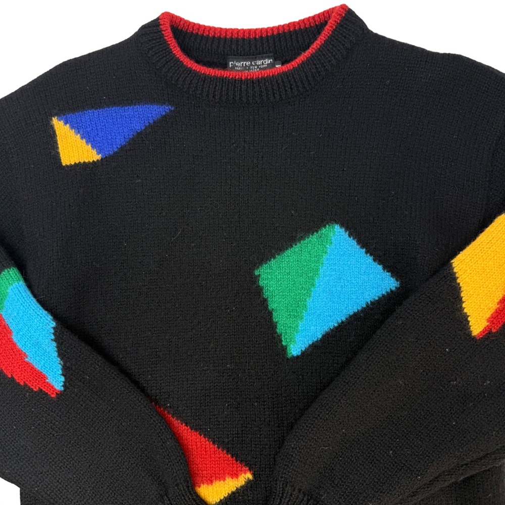 Vintage Pierre Cardin 80s Geometric Wool Sweater Primary Colors Womens Medium